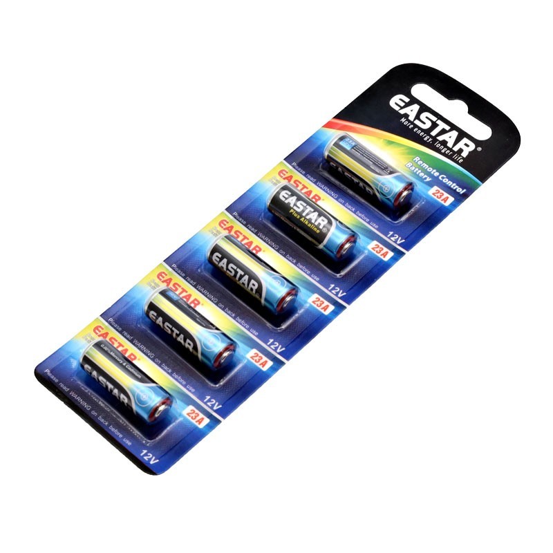Baterii tip A23 12V alcaline, blister 5 bucati, vedere diagonala cu detaliu pe fiecare baterie