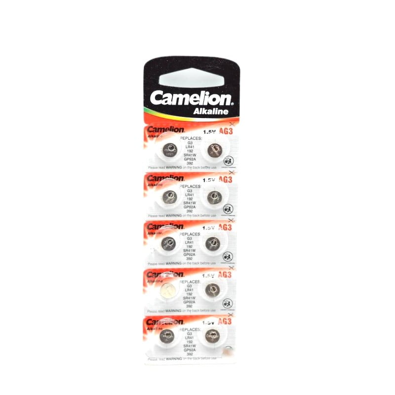 Baterii alcaline tip buton AG3 1.5V, set 10 bucati in blister, compatibile LR41, SR41W, GP92A