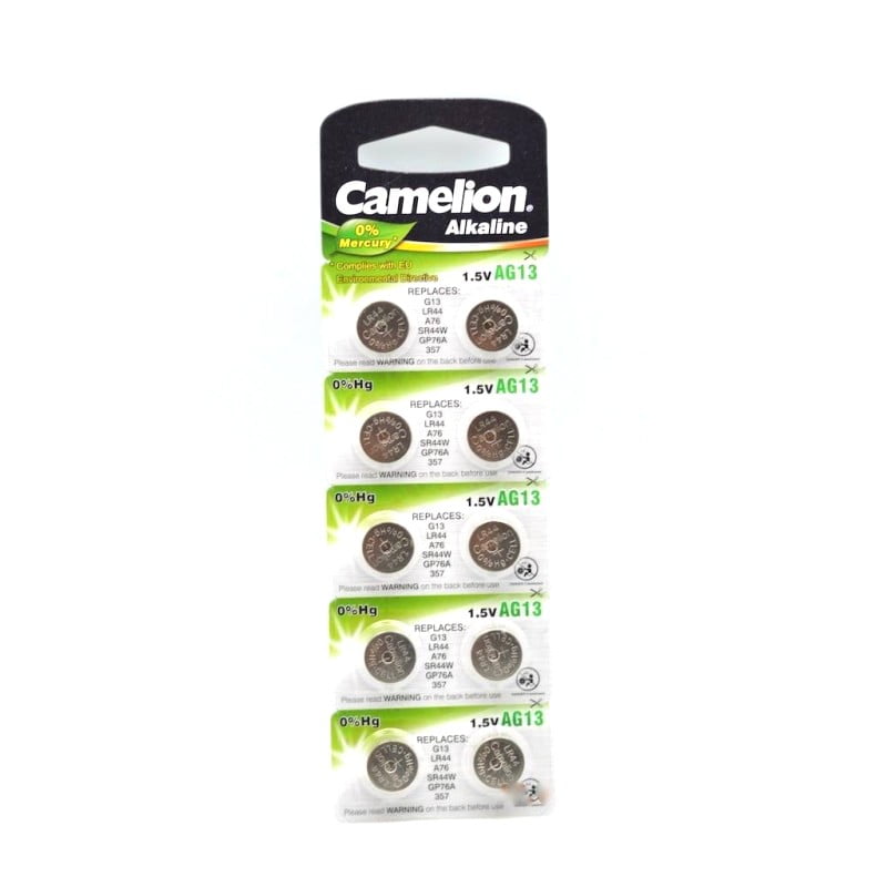 Baterii alcaline AG13 1.5V set 10 bucati in blister, fara mercur, compatibile LR44 SR44W GP76A