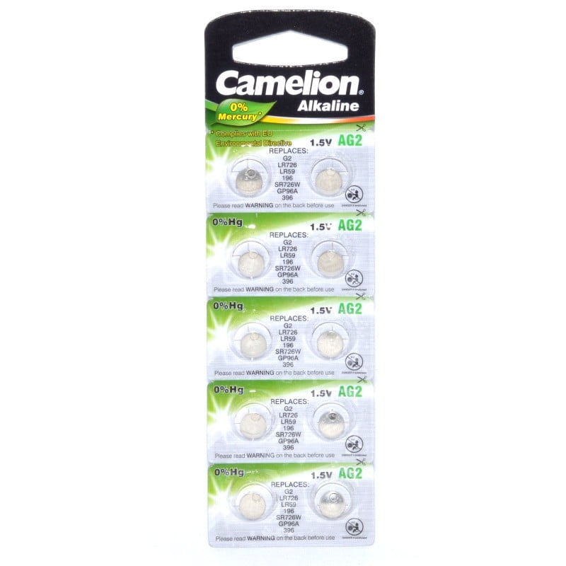 Baterii alcaline tip buton AG2, 1.5V, set 10 bucati, fara mercur, compatibile LR726 si SR726W