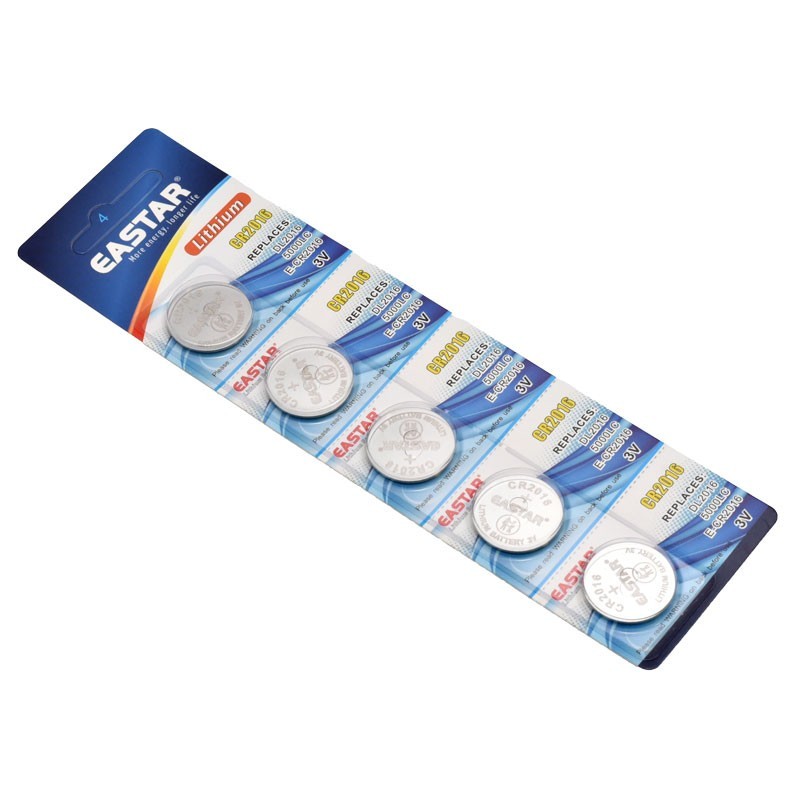 Baterie buton CR2016 3V, blister cu 5 bucati vazut din unghi lateral