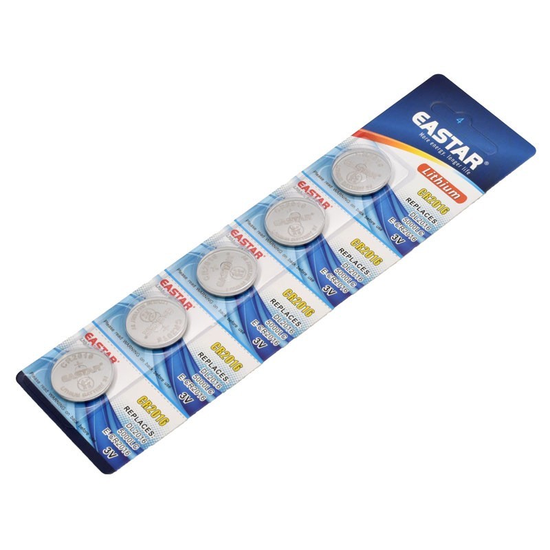 Set 5 baterii buton CR2016 litiu 3V, vedere din unghi opus al blisterului