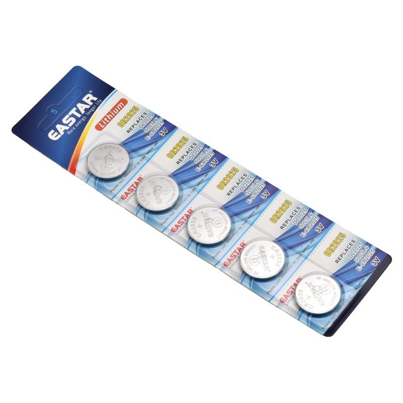 Set 5 baterii buton CR2025 3V litiu, vedere laterala blister, diametru 20mm