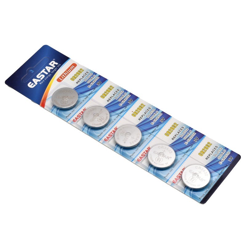 Set 5 baterii buton CR2032 3V litiu, vedere laterala blister, ambalaj sigur