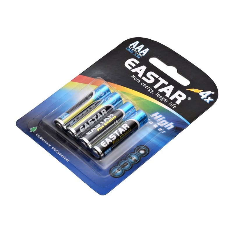 Baterii alcaline AAA LR03 1.5V, ambalaj blister vazut din unghi opus