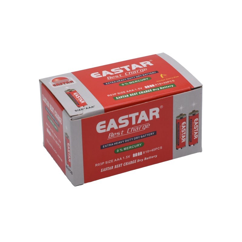 Cutie baterii AAA R03 1.5V Heavy Duty, 40 bucati, ambalaj exterior rosu cu specificatii tehnice vizibile