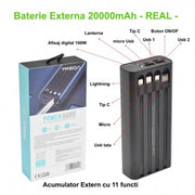 Baterie externa 20000mAh PD 100W cu 11 conectori integrati, cabluri incorporate USB-C Lightning Micro, afisaj digital