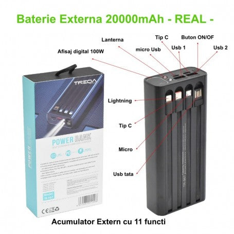 Baterie externa 20000mAh PD 100W cu 11 conectori integrati, cabluri incorporate USB-C Lightning Micro, afisaj digital