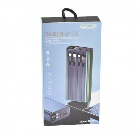 Ambalaj power bank 20000mAh PD 100W, vedere fata cu cabluri integrate vizibile si afisaj digital capacitate