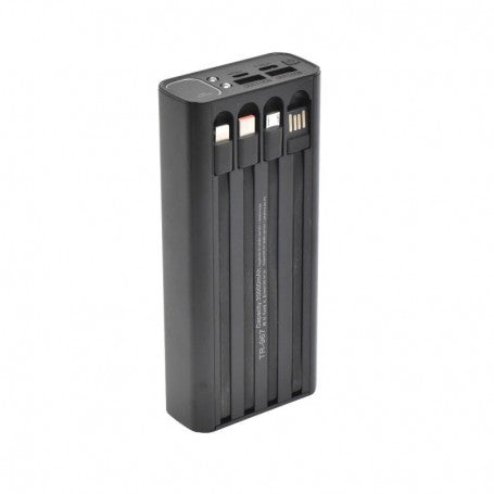 Power bank 20000mAh negru cu cabluri integrate depliabile USB-C, Lightning si Micro USB, design compact
