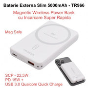 Baterie externa slim 5000mAh cu incarcare wireless magnetica 15W si USB Quick Charge 22.5W, design alb