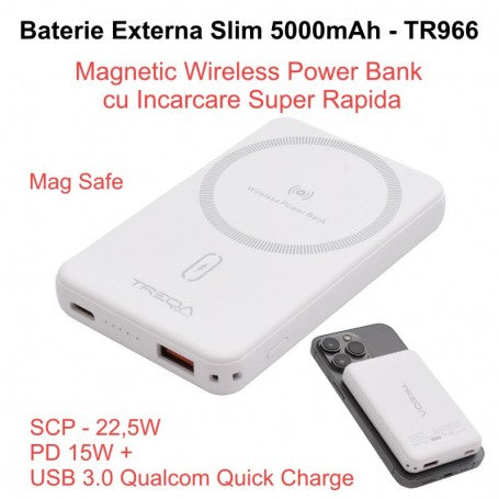 Baterie externa slim 5000mAh cu incarcare wireless magnetica 15W si USB Quick Charge 22.5W, design alb