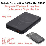 Baterie externa slim 5000mAh cu incarcare wireless magnetica 15W si USB Quick Charge 22.5W, design negru compact