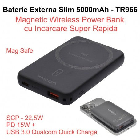 Baterie externa slim 5000mAh cu incarcare wireless magnetica 15W si USB Quick Charge 22.5W, design negru compact