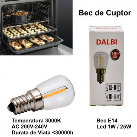 Bec LED cuptor E14 1W 3000K, rezistent la temperaturi ridicate, echivalent 25W, durata viata 30000h