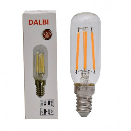 Bec LED tubular E14 4W cu filament, soclu standard, prezentat langa cutia de ambalaj