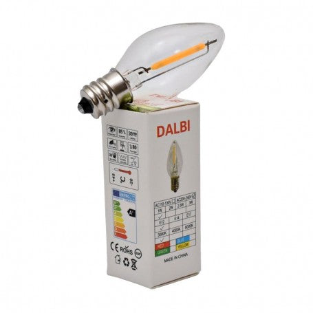 Bec LED filament E12 1W cu cutia de prezentare, specificatii tehnice vizibile pe ambalaj