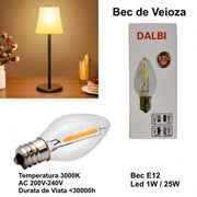 Bec LED filament E12 1W 3000K pentru veioza, echivalent 25W, lumina calda, durata viata 30000h