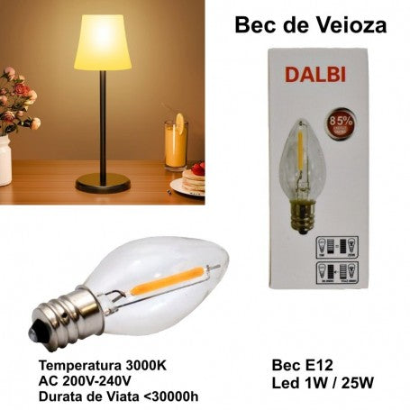 Bec LED filament E12 1W 3000K pentru veioza, echivalent 25W, lumina calda, durata viata 30000h
