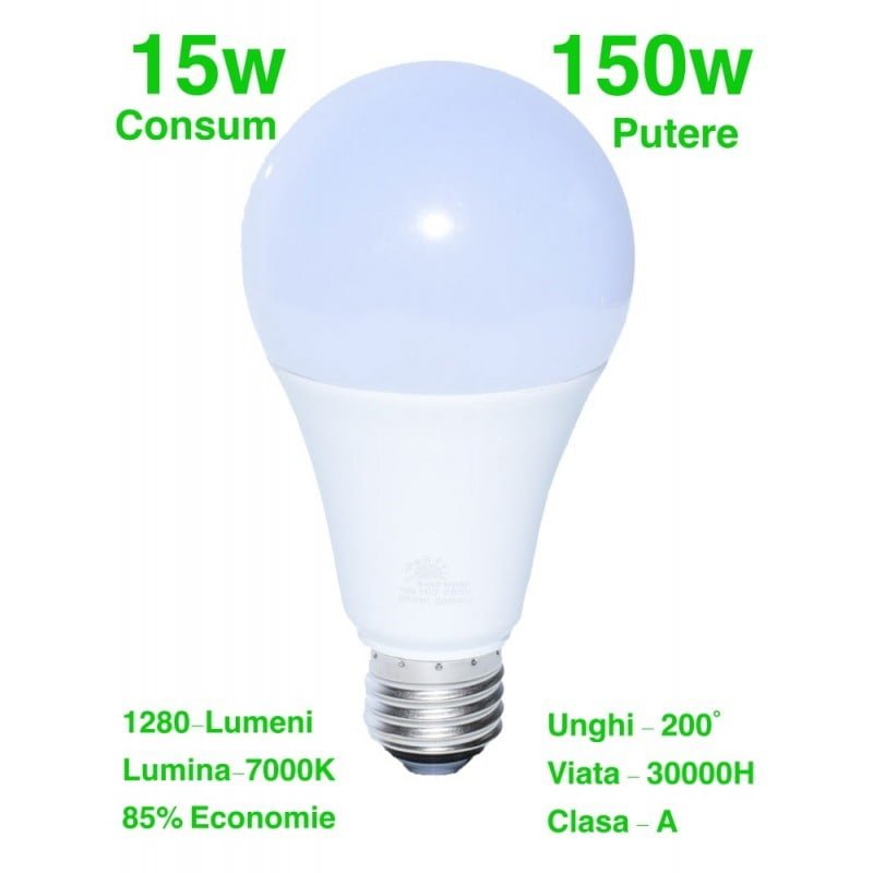 Bec LED E27 15W, consum redus cu 85%, 1280 lumeni la 7000K, durata 30000 ore