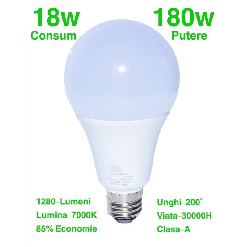Bec LED E27 18W cu 1280 lumeni si 7000K, echivalent 180W, economie 85% energie