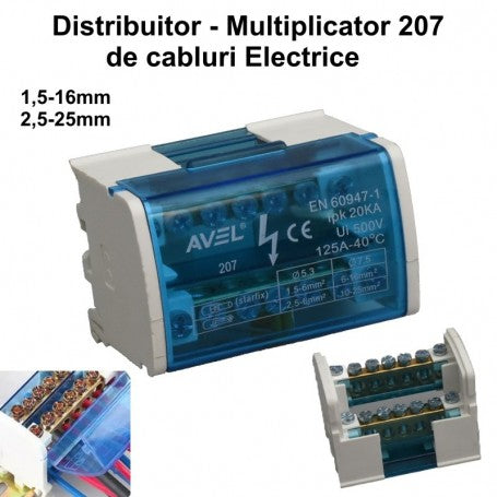 Bloc distributie electric 125A 500V, 2 intrari 12 iesiri, cabluri 1.5-25mm, montaj sina DIN