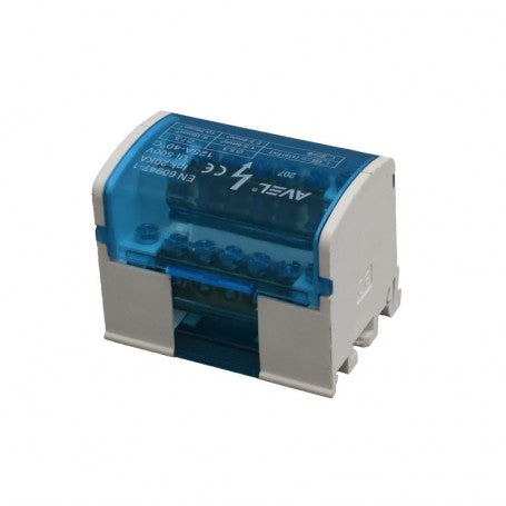 Bloc distributie electric 125A, vedere laterala cu capac transparent inchis, montaj sina DIN