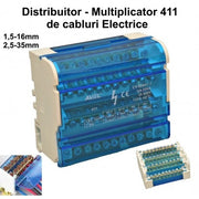 Bloc distributie electric 411, 125A 500V, cabluri 1.5-35mm, montaj sina DIN, capac transparent albastru