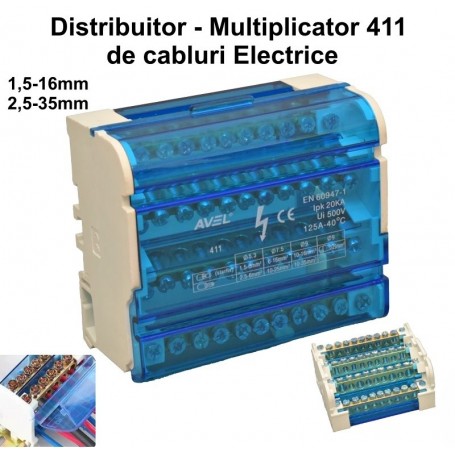 Bloc distributie electric 411, 125A 500V, cabluri 1.5-35mm, montaj sina DIN, capac transparent albastru