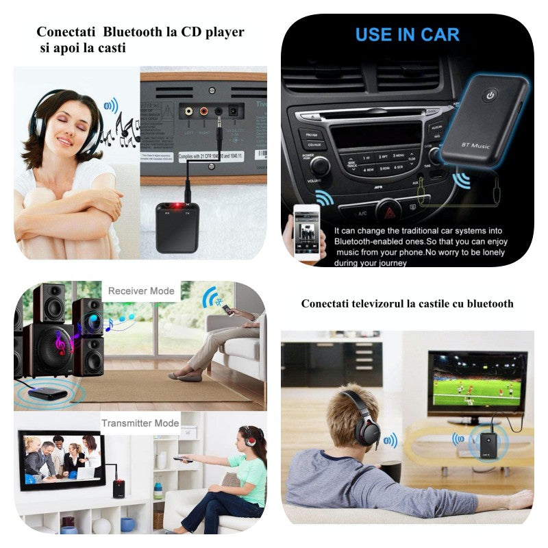 Adaptor Bluetooth utilizare in masina, acasa si la TV, moduri receptor si transmitator ilustrate