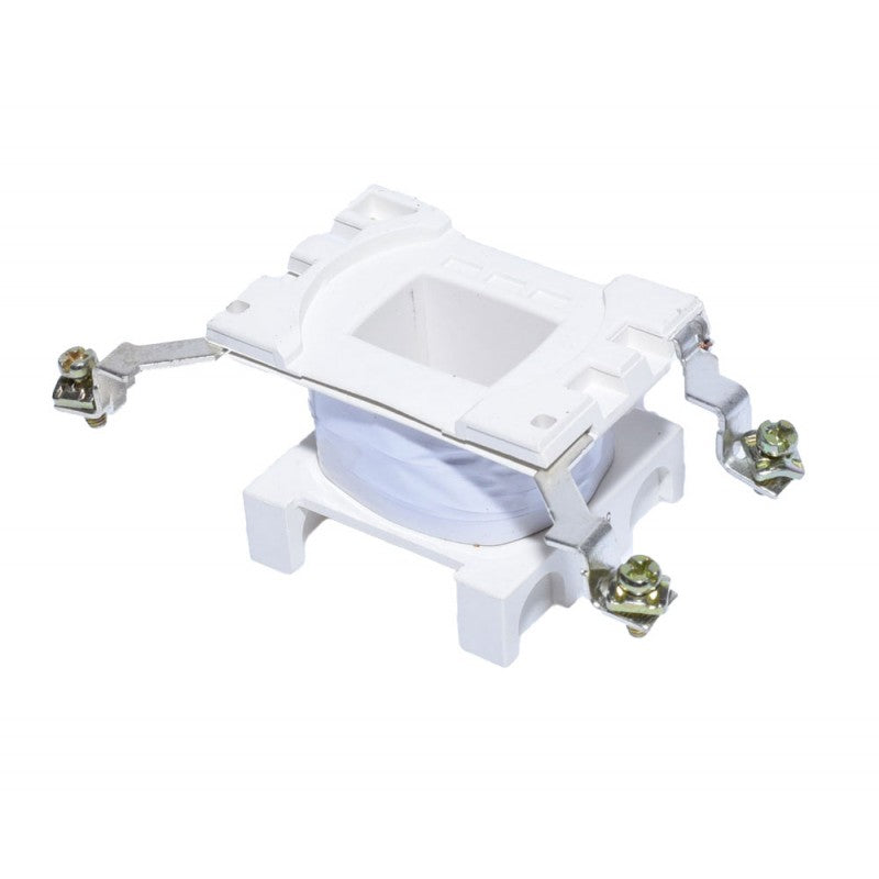 Bobina contactor LC1 24V, vedere laterala cu carcasa alba si borne de conectare vizibile