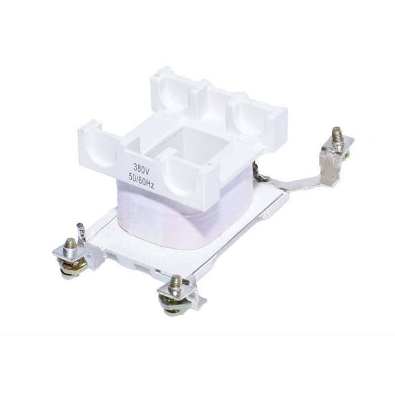 Bobina contactor 380V AC, vedere laterala cu carcasa alba si suport metalic de prindere