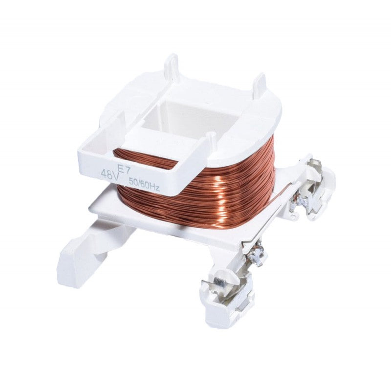 Bobina contactor LC1 E7 48V 50/60Hz, detaliu marcaj tensiune pe carcasa alba