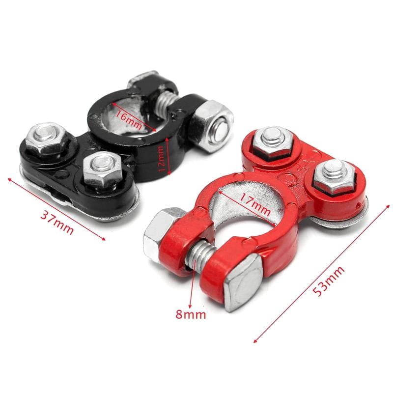 Borne baterie auto cu dimensiuni marcate: borna neagra 37mm, borna rosie 53mm, deschidere pol 16-17mm