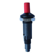 Buton piezoelectric cu scanteie pentru aragaz, montaj pe filet, cap rosu, corp negru din plastic termorezistent