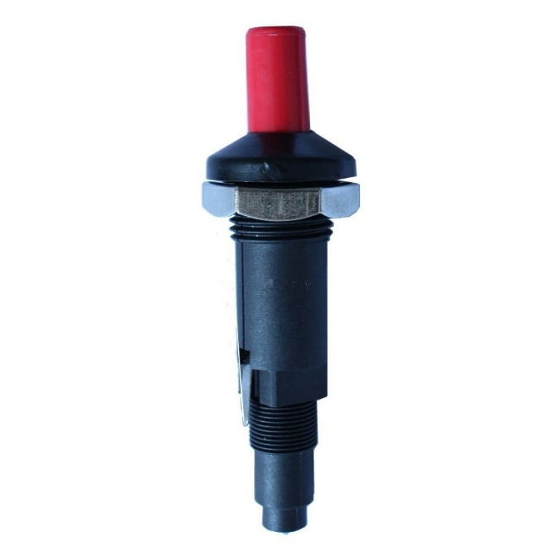 Buton piezoelectric cu scanteie pentru aragaz, montaj pe filet, cap rosu, corp negru din plastic termorezistent