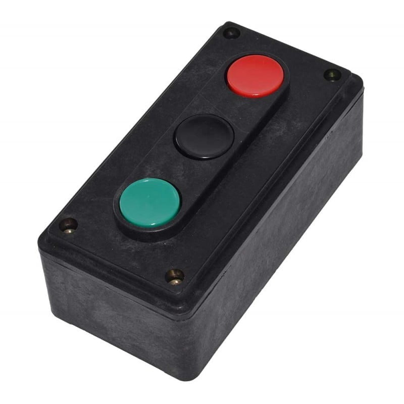 Cutie de comanda cu 3 butoane (rosu, negru, verde) 220V-380V 5A, carcasa neagra din plastic ABS
