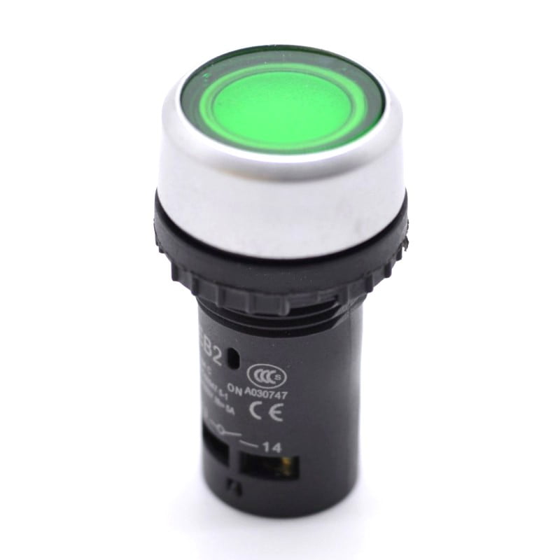 Buton push motor 220V 5A verde, montaj panou 22mm, contact momentan 1NO+1NC, corp negru cu capac iluminat