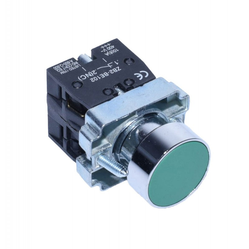 Buton push verde 10A, vedere laterala cu bloc contact NC si borne de conectare vizibile