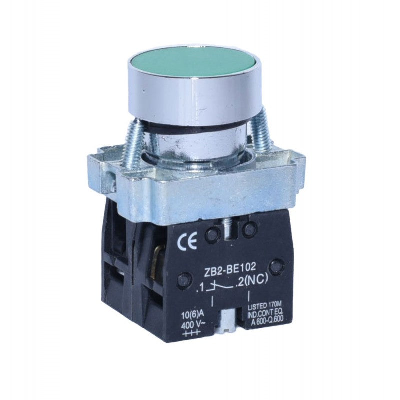 Buton push industrial verde, vedere frontala cu cap plat si bloc contact NC 10A montat