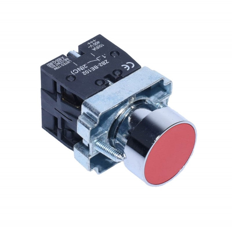 buton push rosu 10A, unghi spate-lateral, bloc NC si borne surub in prim-plan