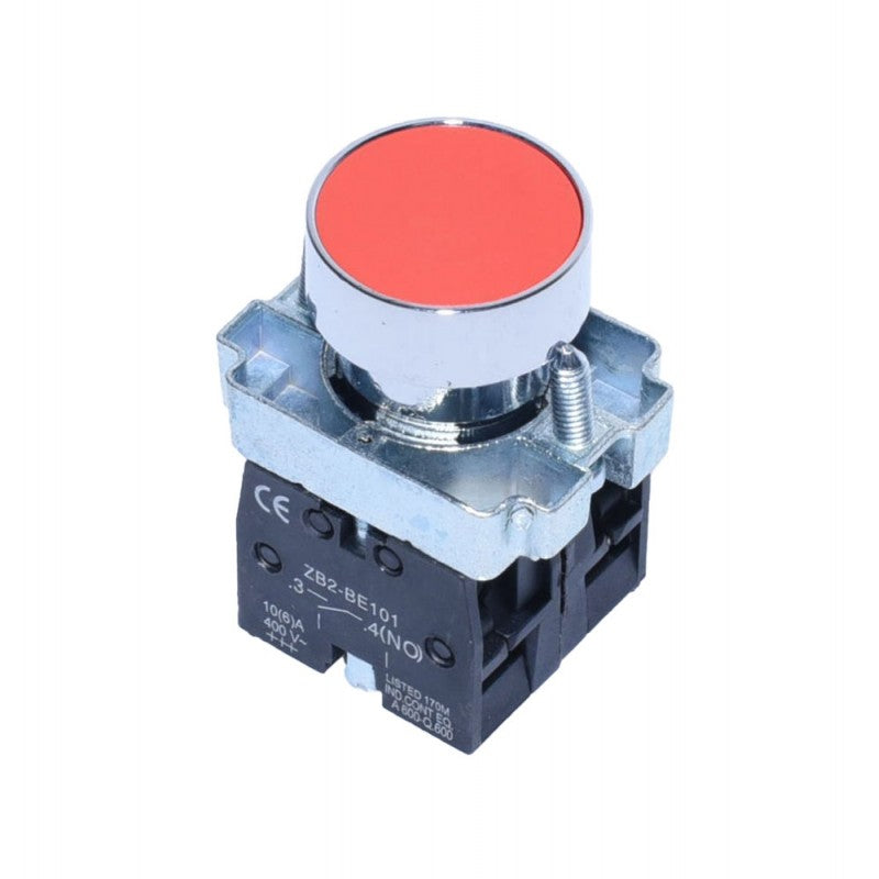 buton push industrial rosu 22mm, contact NO, 10A 400V, carcasa metalica cromata