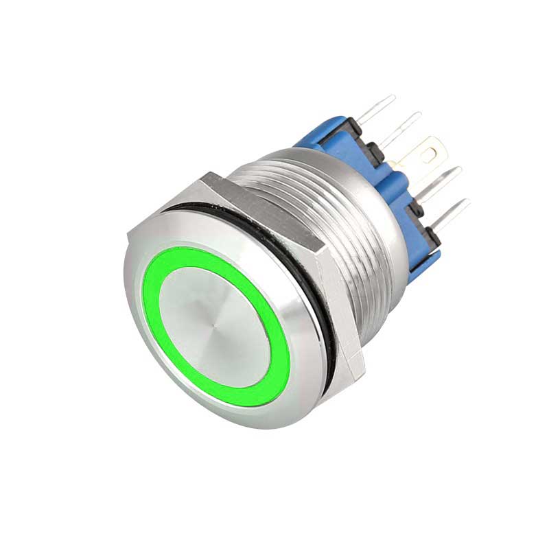 Buton push metalic 22mm cu LED verde, 9-30V DC, IP65, contact NO+NC, corp inox