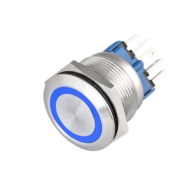 Buton push metalic 16mm cu LED albastru inel, 9-30V, 5A, IP65, carcasa inox cu mufa prewired