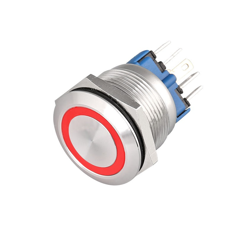 Buton push metalic 22mm cu inel LED rosu, voltaj 9-30V, 5A, contact NO/NC, corp inox