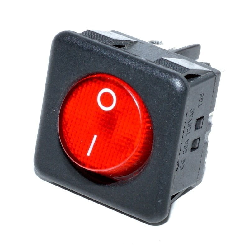 Buton patrat ON/OFF cu LED rosu 30x30mm, 15A 250V AC, montaj prin urechi laterale