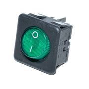 Buton patrat ON/OFF cu LED verde, 250V AC 15A, montaj panou 30x30mm, carcasa neagra din plastic