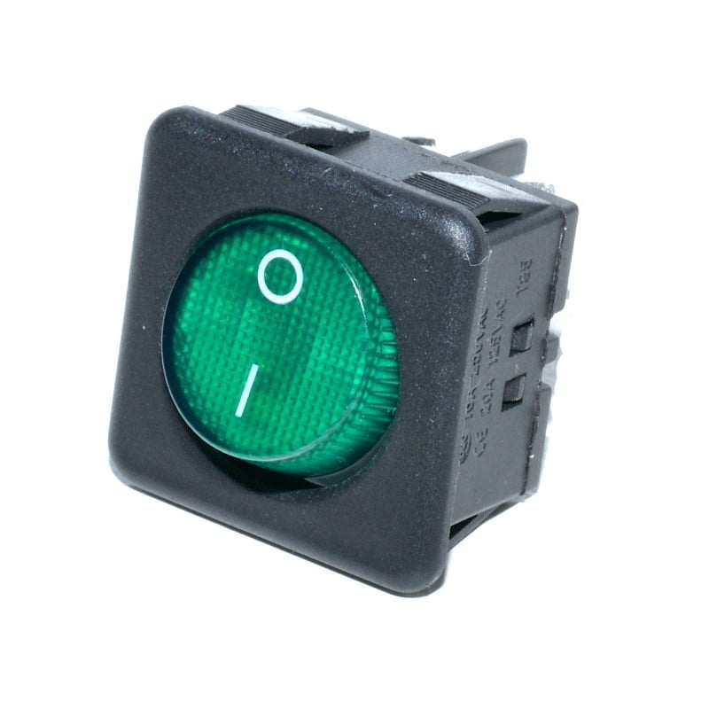 Buton patrat ON/OFF cu LED verde, 250V AC 15A, montaj panou 30x30mm, carcasa neagra din plastic