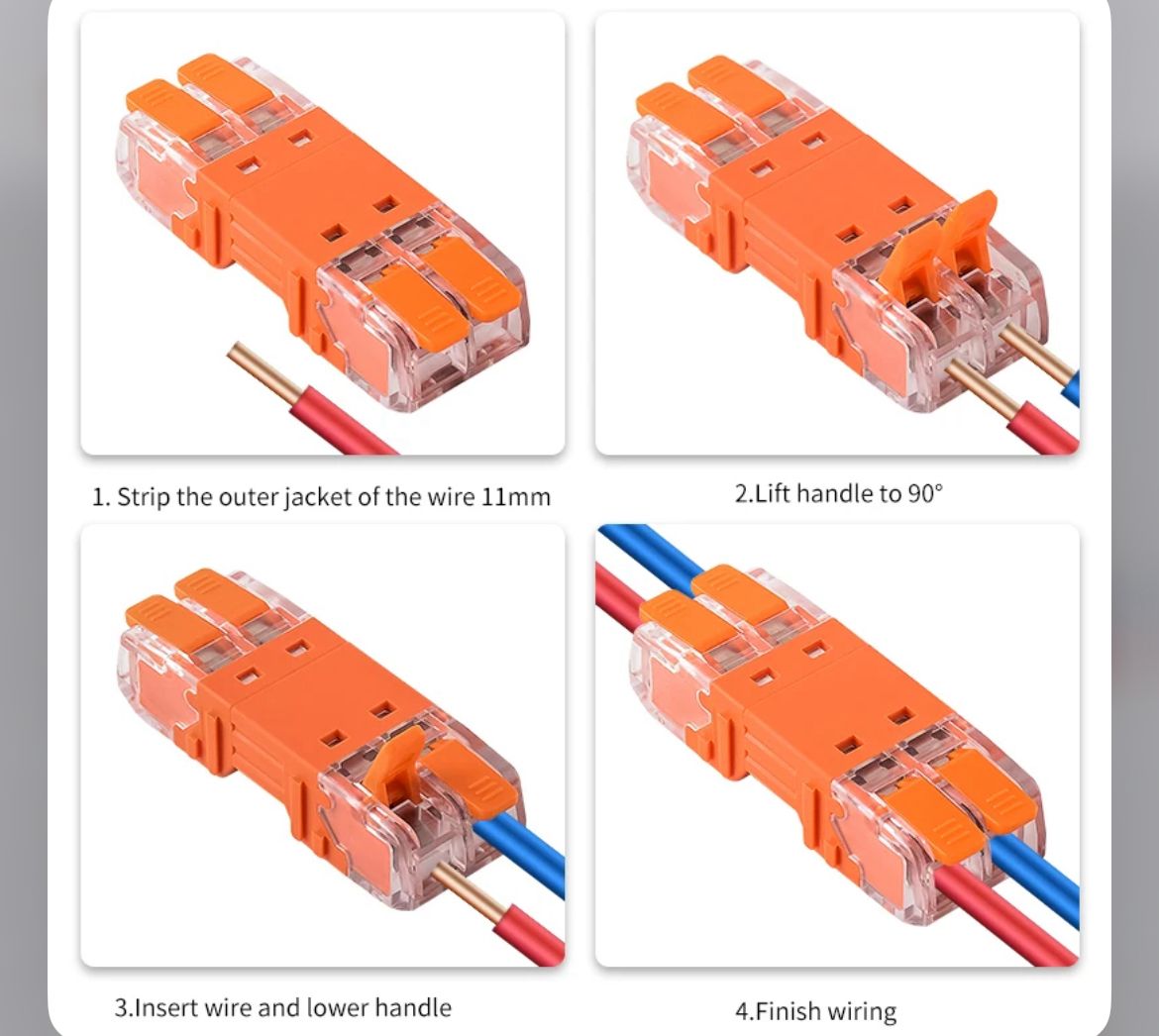 Conector push-in ghid montaj in 4 pasi: dezizolare 11mm, ridicare levier, introducere cablu, blocare