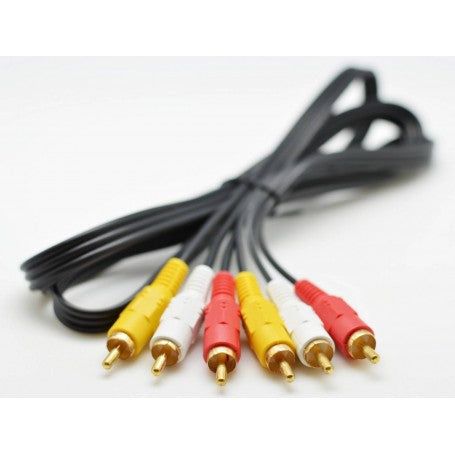 Cablu 3RCA tata-tata rulat, conectori auriti tricolori vizibili, lungime 3 metri